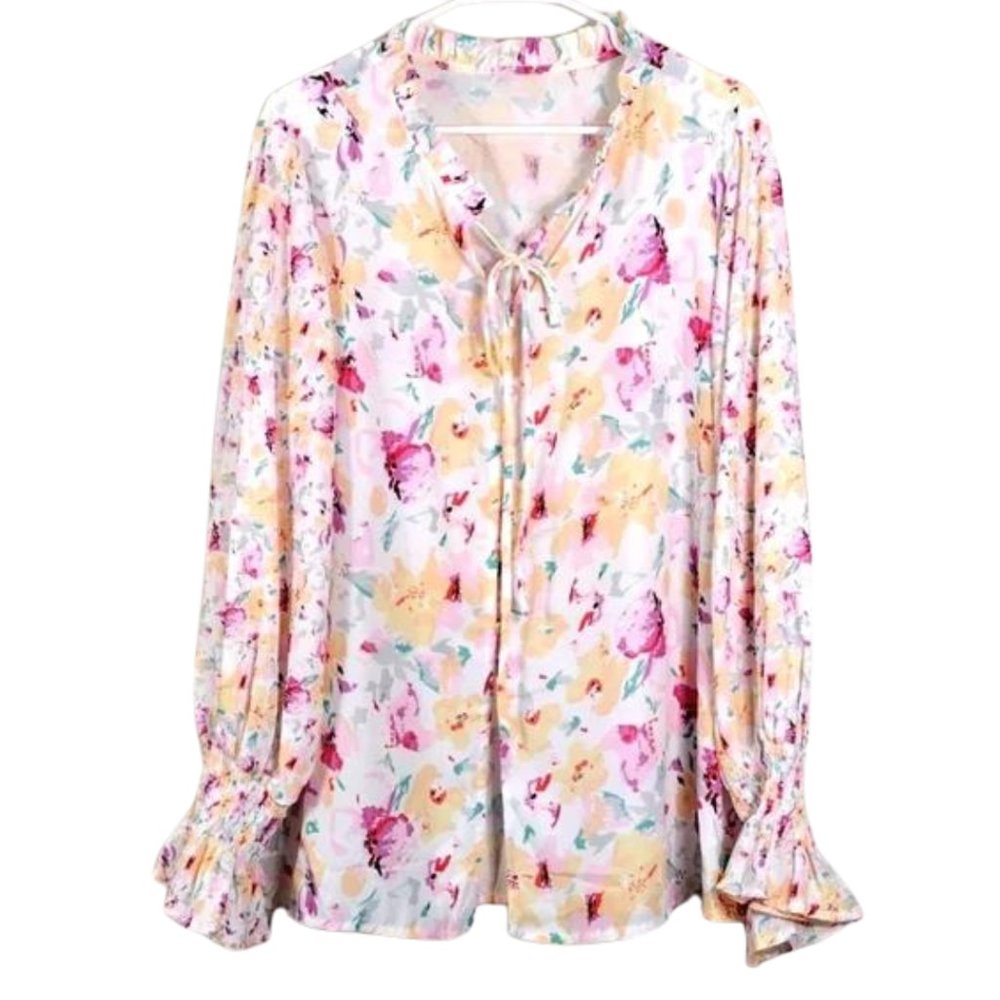 FloralTop Blouse Long Sleeve Halter Neck Flounce Sleeve Size L